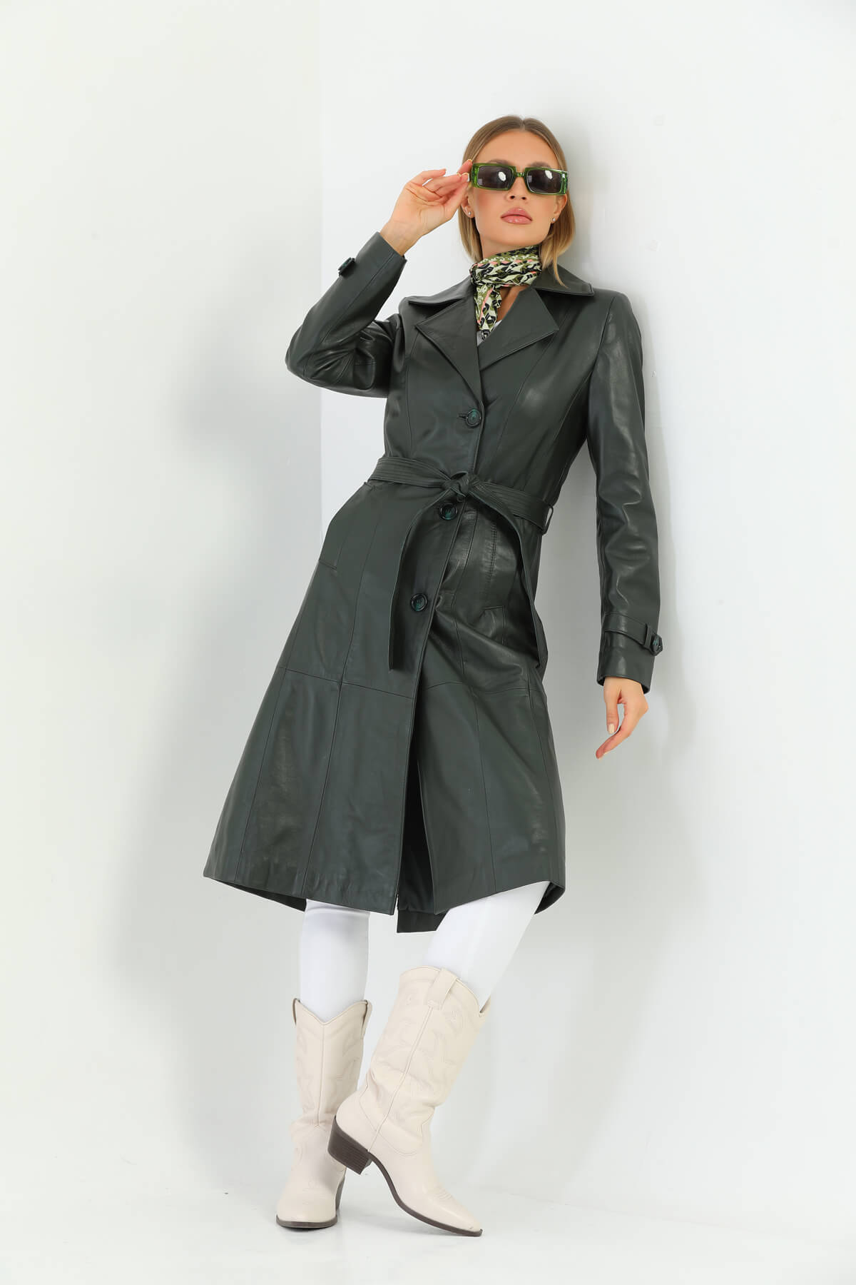 Tracy Dark Green Leather Trench Coat For Women's