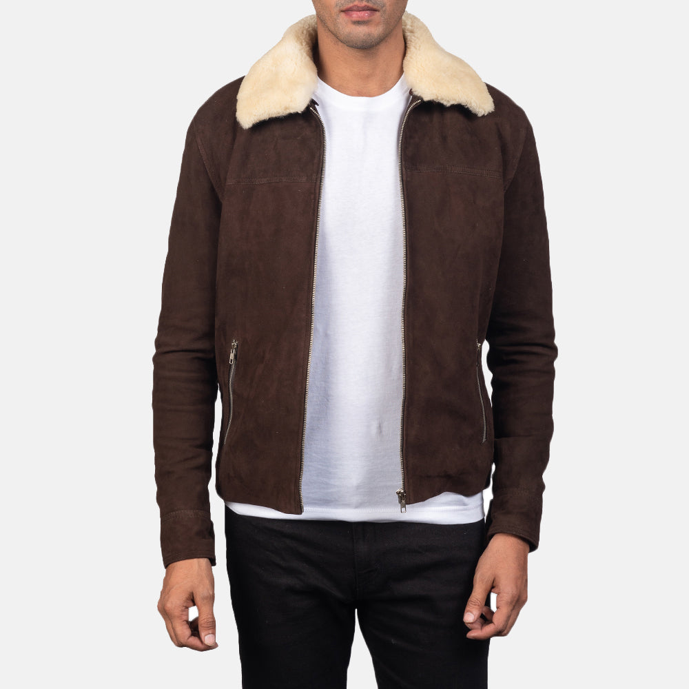 Coffee Brown Shearling Fur Suede Leather Jacket
