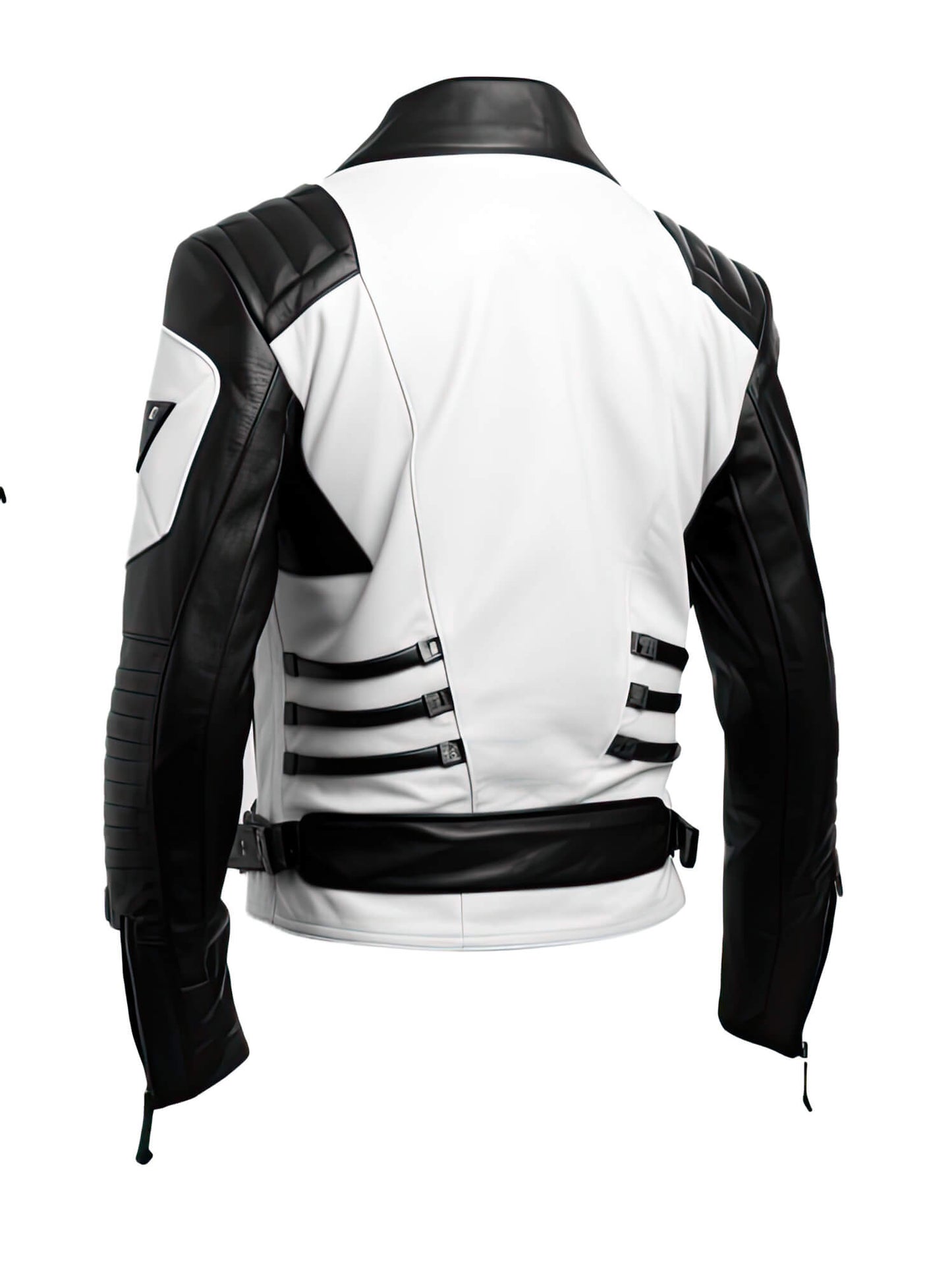 Men's White Black Genuine Sheepskin Stand Collar V-Neck Quilted Belted Soft Casual Slim-fit Moto Biker Leather Jacket - Back View - DENIMS