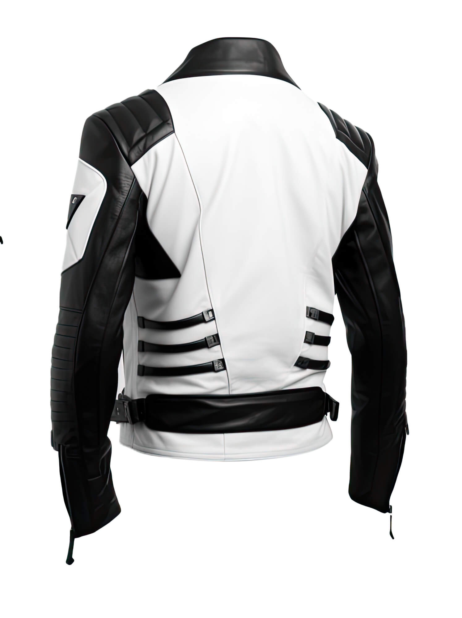 Men's White Black Genuine Sheepskin Stand Collar V-Neck Quilted Belted Soft Casual Slim-fit Moto Biker Leather Jacket - Back View - DENIMS