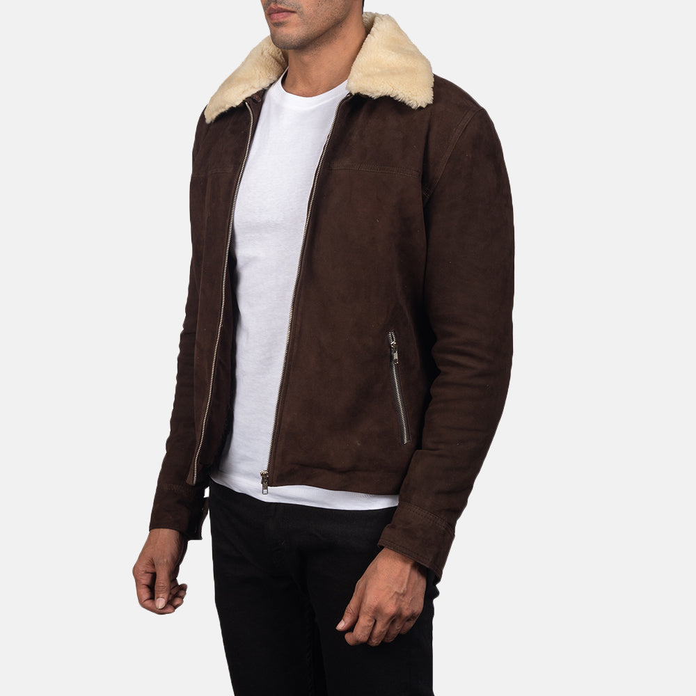 Coffee Brown Shearling Fur Suede Leather Jacket