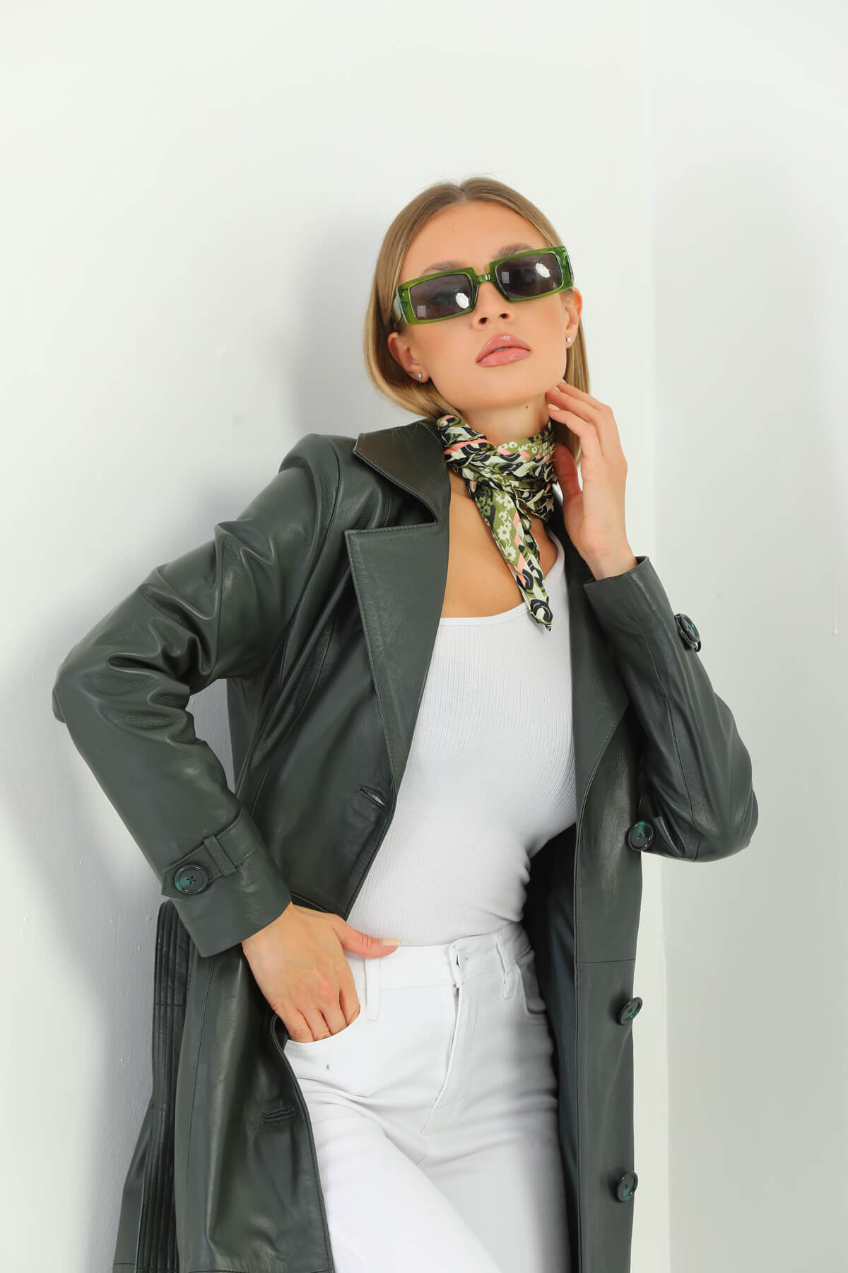 Tracy Dark Green Leather Trench Coat For Women's