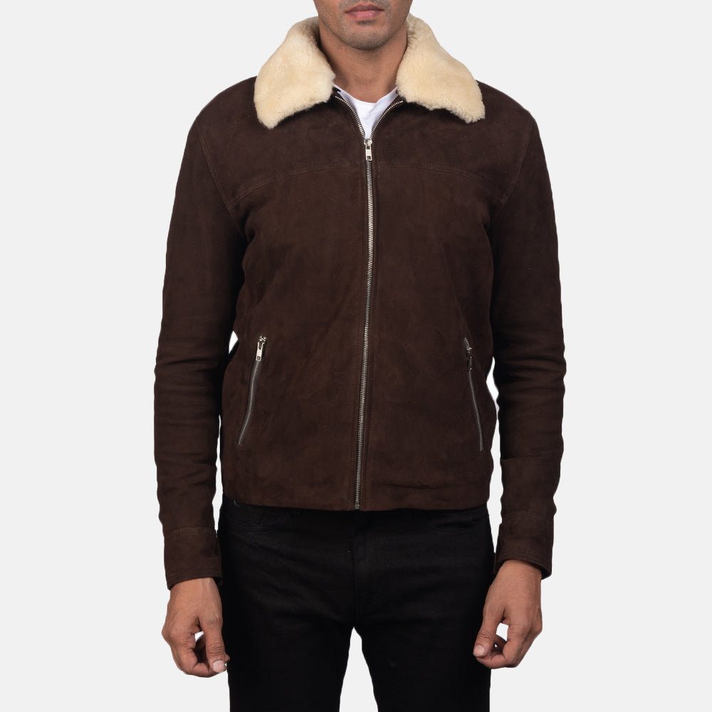 Coffee Brown Shearling Fur Suede Leather Jacket