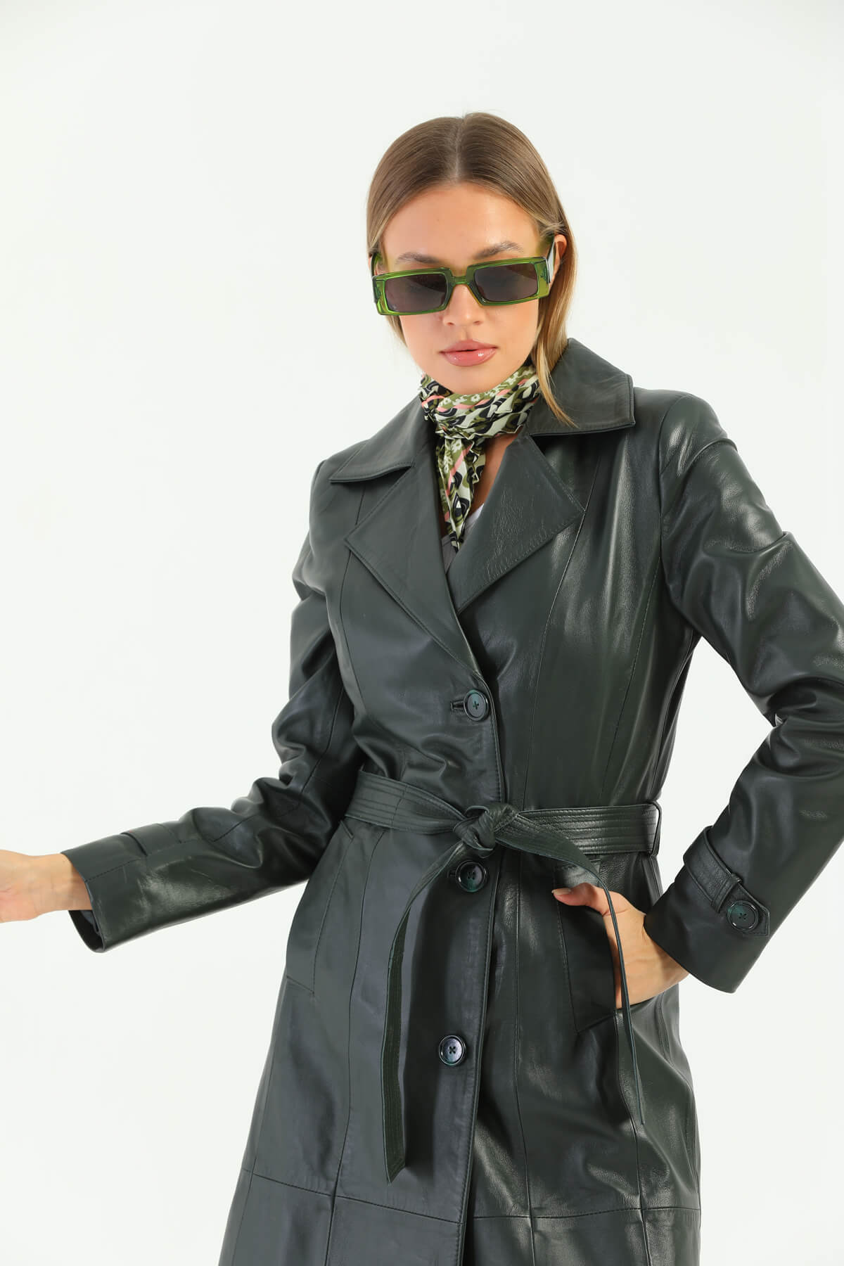 Tracy Dark Green Leather Trench Coat For Women's