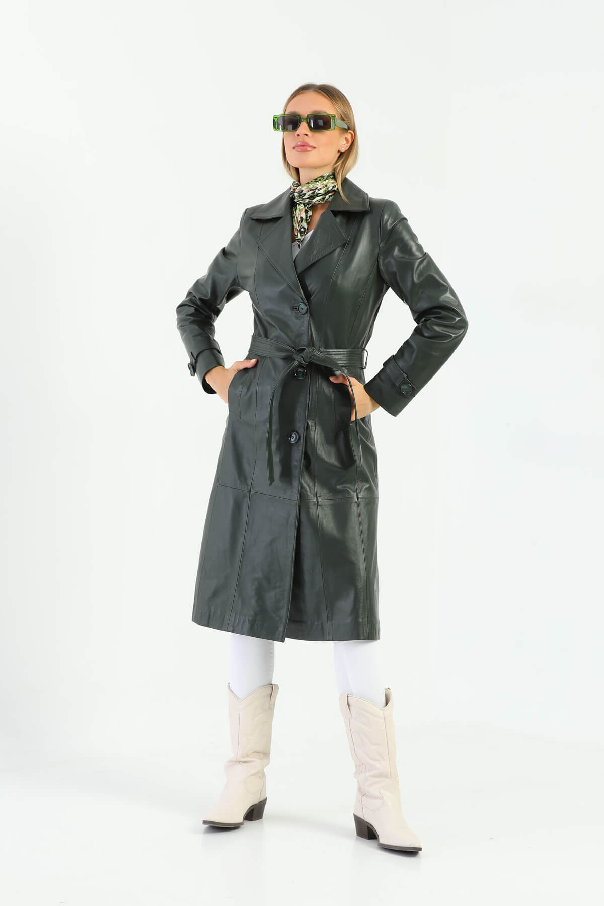 Tracy Dark Green Leather Trench Coat For Women's