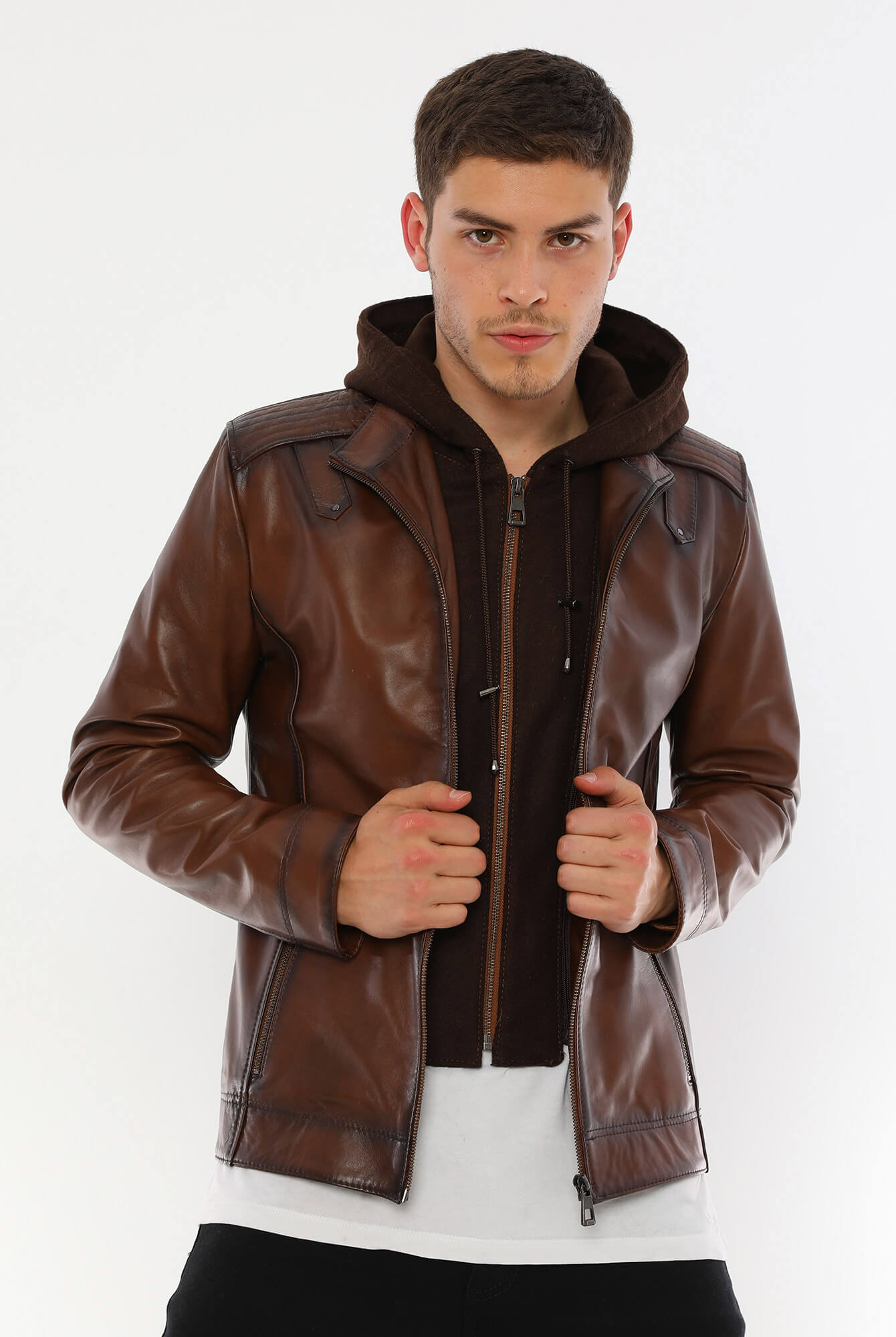 Ace Luca Brown Hooded Leather Jacket