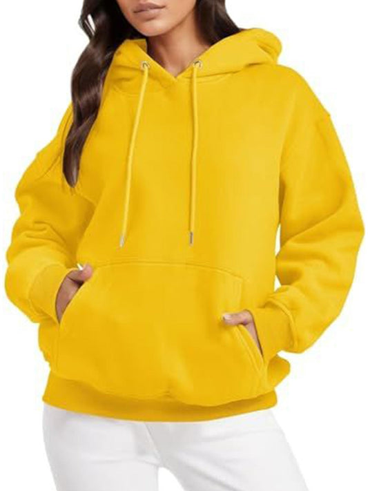 Women Yellow Hooded Hoodie — Bright Yellow Cotton Pullover with Kangaroo Pocket | DENIMS Pakistan