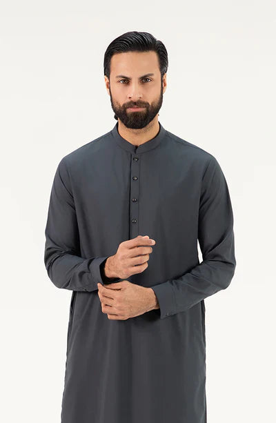 Men's Band Collar Shalwar Suit - Charcoal