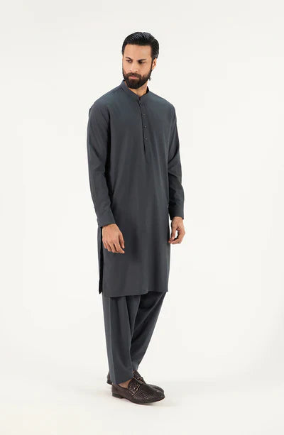 Men's Band Collar Shalwar Suit - Charcoal