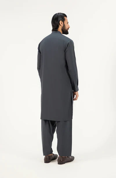 Men's Band Collar Shalwar Suit - Charcoal