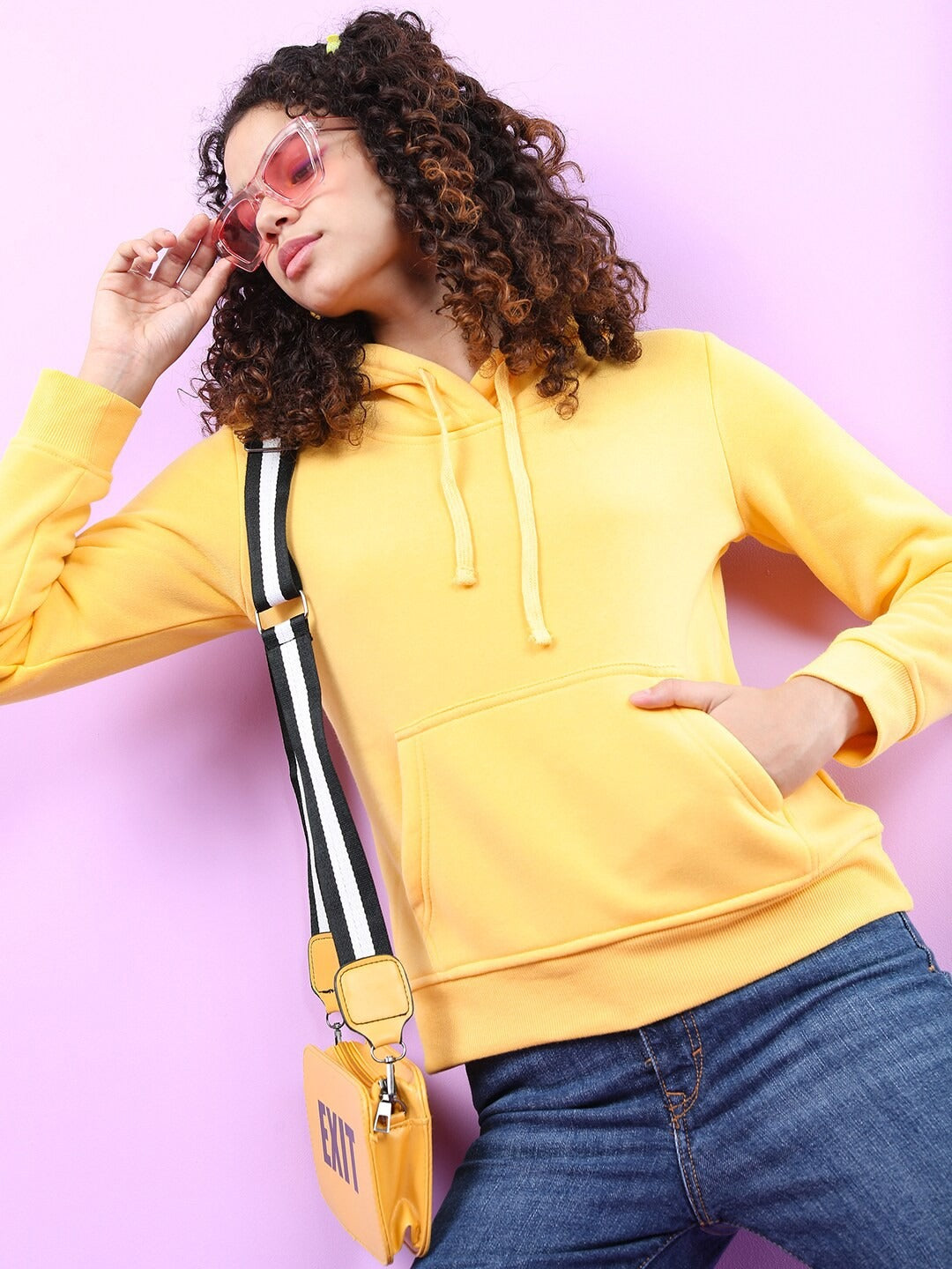 Women Yellow Hooded Hoodie — Bright Cotton Pullover with Kangaroo Pocket | DENIMS Pakistan