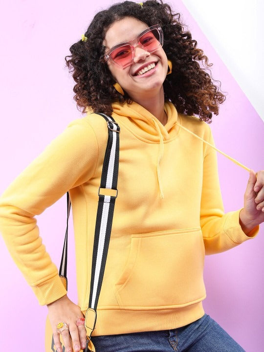 Women Yellow Hooded Hoodie — Bright Cotton Pullover with Kangaroo Pocket | DENIMS Pakistan