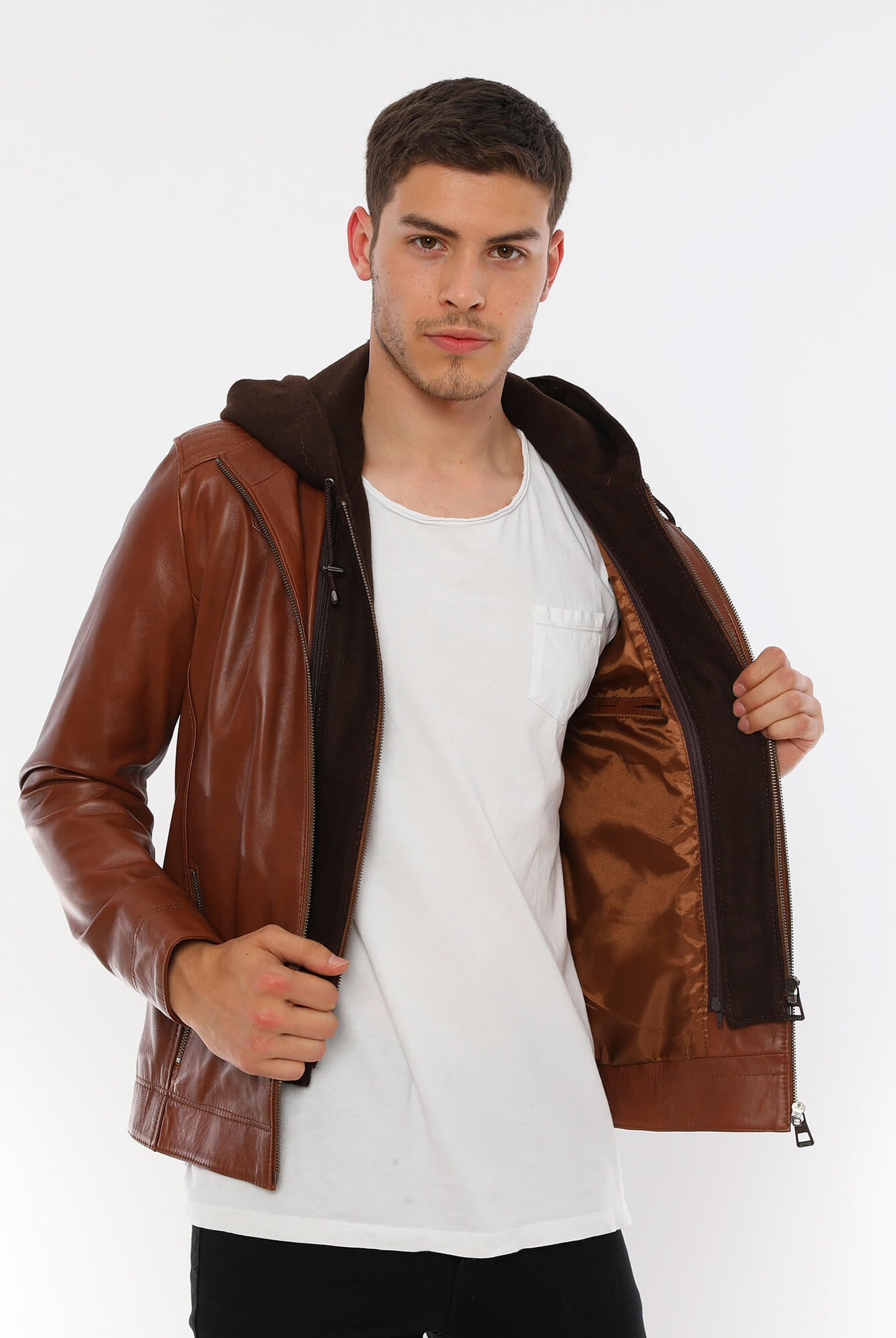 Ace Luca Tan Hooded Leather Jacket