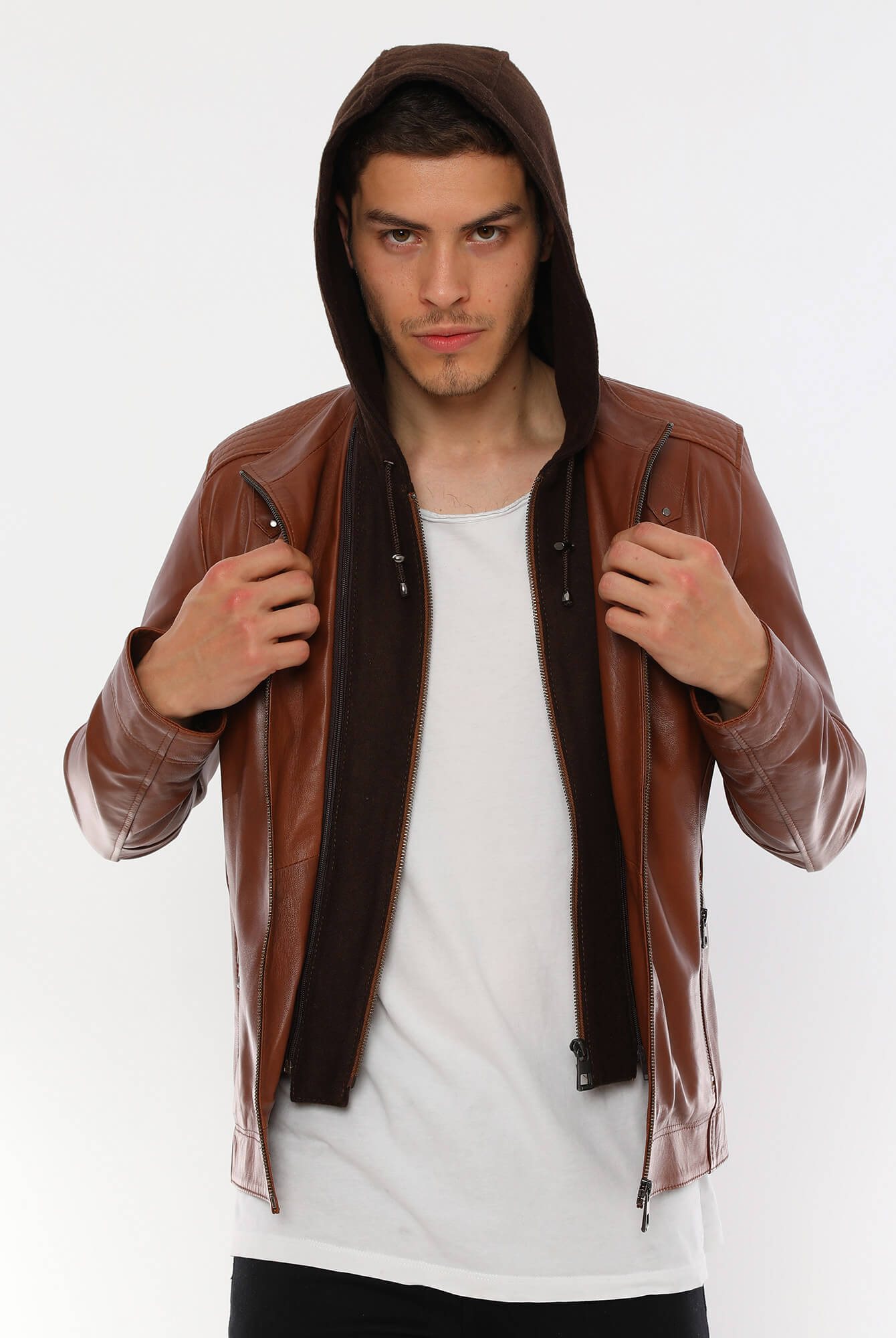 Ace Luca Tan Hooded Leather Jacket