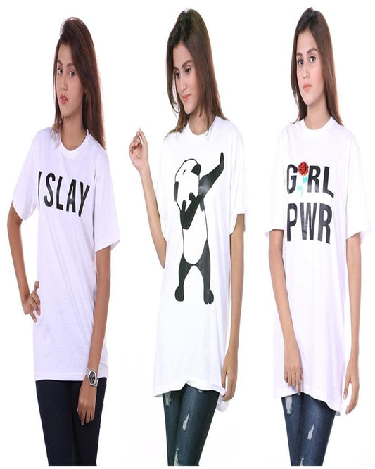 Pack Of 3 - White Cotton Printed Tshirt For Women