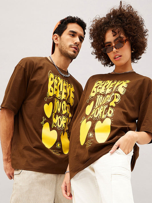 Unisex Brown Typography Printed Pure Cotton Oversized T-shirt – Premium Streetwear Style for Men & Women in Pakistan | DENIMS