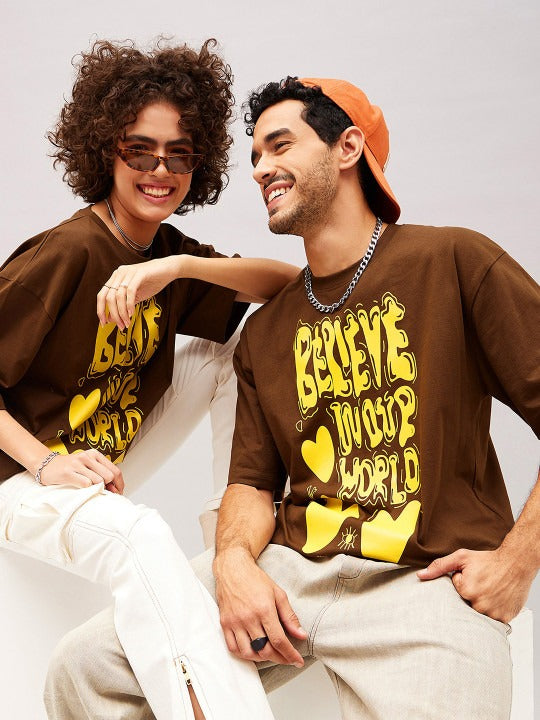 Unisex Brown Typography Printed Pure Cotton Oversized T-shirt – Premium Streetwear Style for Men & Women in Pakistan | DENIMS