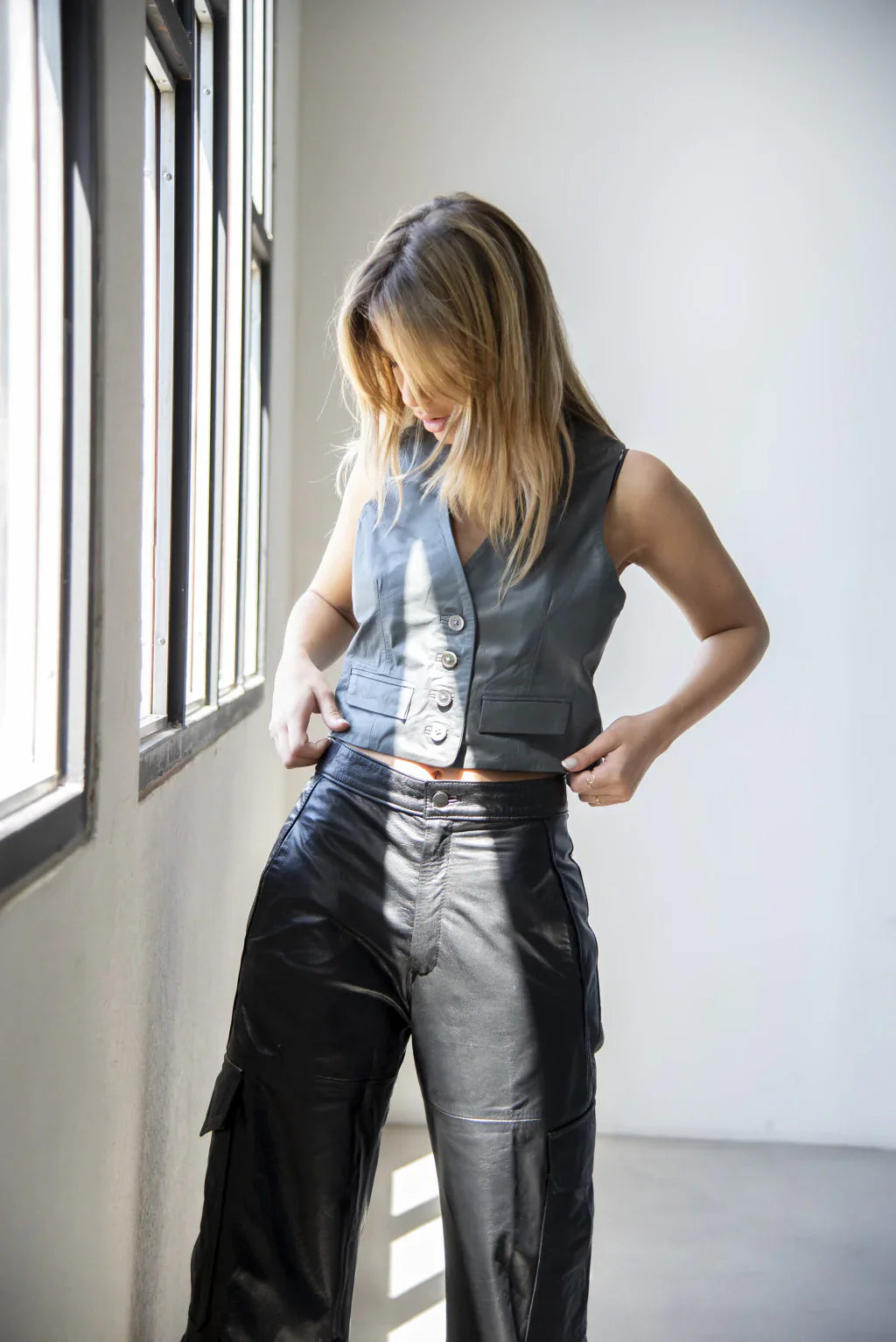 Grey Leather Vest For Women's