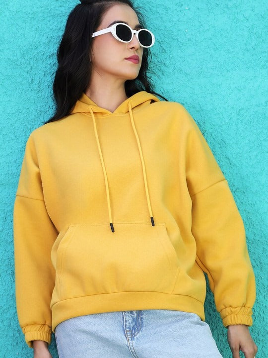 Women Yellow Hooded Hoodie — Bright Cotton Pullover with Kangaroo Pocket | DENIMS Pakistan