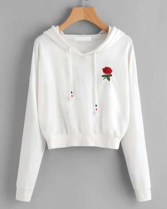 WHITE FLOWER PATCH CROPPED HOODIE FOR womens