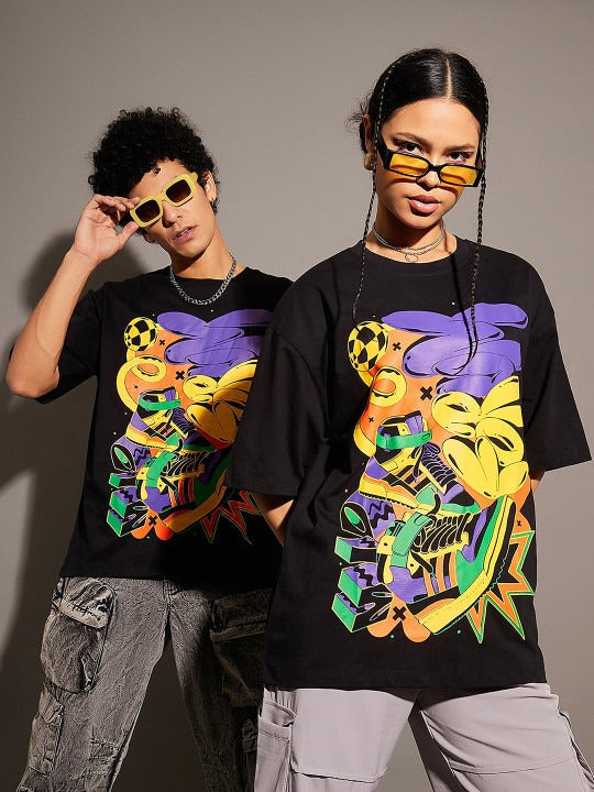 Unisex Black Graphic Printed Pure Cotton Oversized T-shirt – Trendy Streetwear for Men & Women in Pakistan | DENIMS