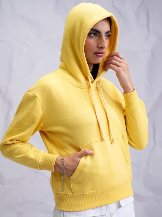 Yellow Relaxed Hooded Pullover Hoodie for Women — Casual Cotton-Blend Sweatshirt | DENIMS Pakistan