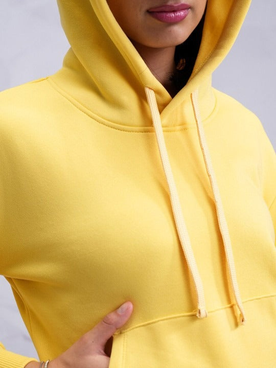 Yellow Relaxed Hooded Pullover Hoodie for Women — Casual Cotton-Blend Sweatshirt | DENIMS Pakistan
