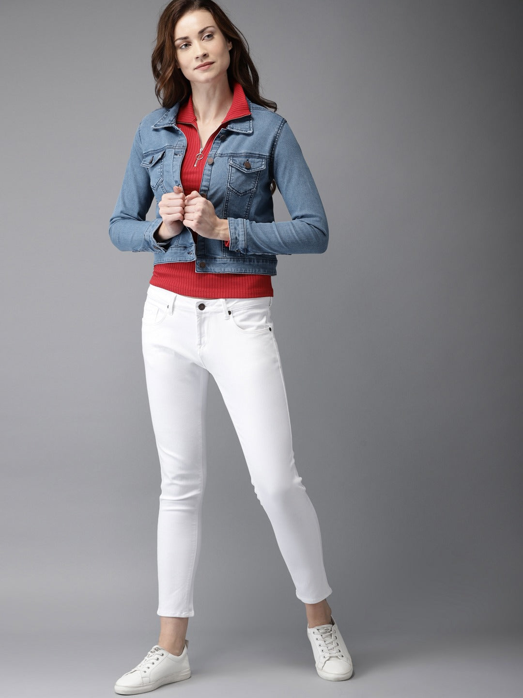 Women Blue Solid Crop Jacket