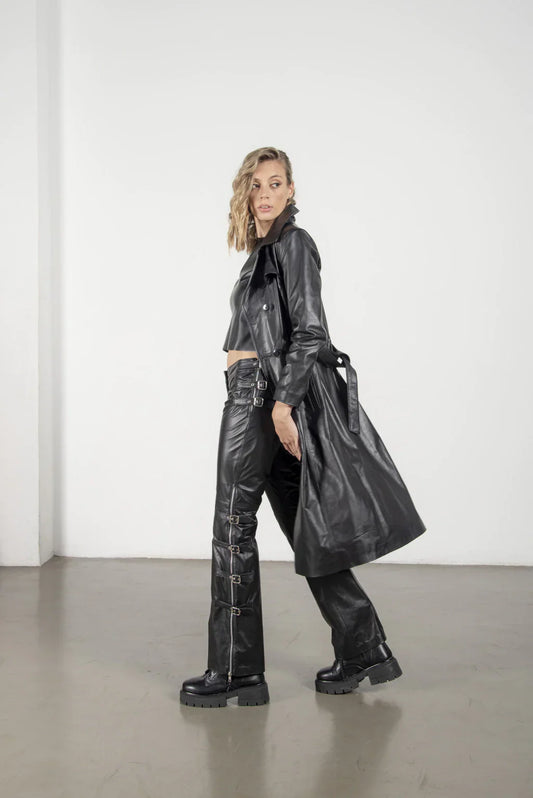 Black Leather Long Coat For Women
