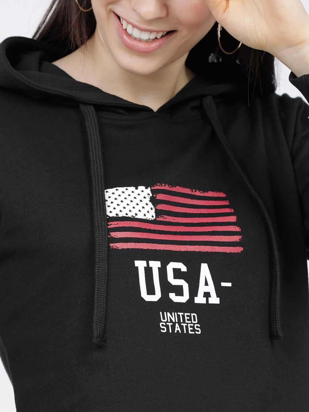 Women Black & White Printed Hooded Hoodie — Graphic Pullover with Kangaroo Pocket | DENIMS Pakistan