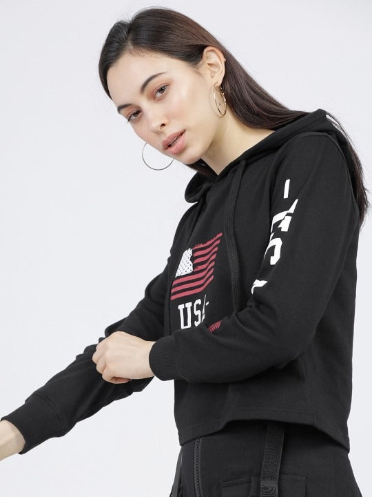 Women Black & White Printed Hooded Hoodie — Graphic Pullover with Kangaroo Pocket | DENIMS Pakistan