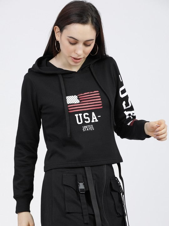 Women Black & White Printed Hooded Hoodie — Graphic Pullover with Kangaroo Pocket | DENIMS Pakistan