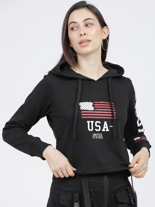 Women Black & White Printed Hooded Hoodie — Graphic Pullover with Kangaroo Pocket | DENIMS Pakistan