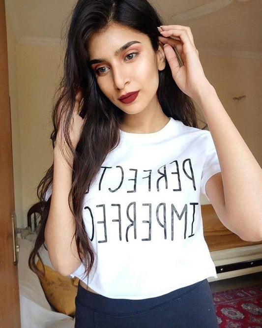 White Cotton Printed Crop T-Shirt For Women