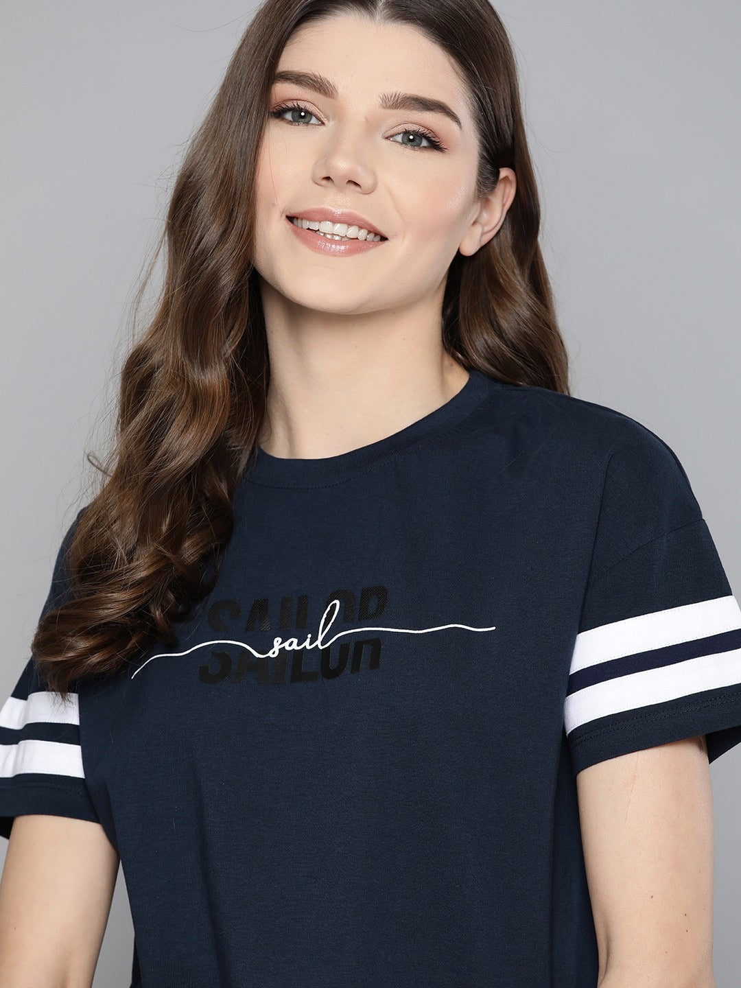 Women Navy Printed Pure Cotton Round Neck T-shirt