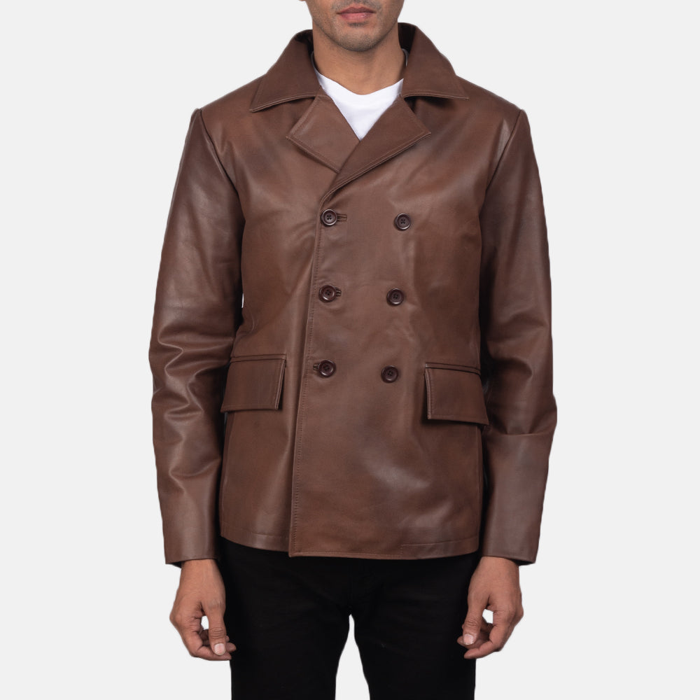 Ace Brown Genuine Leather Naval Peacoat