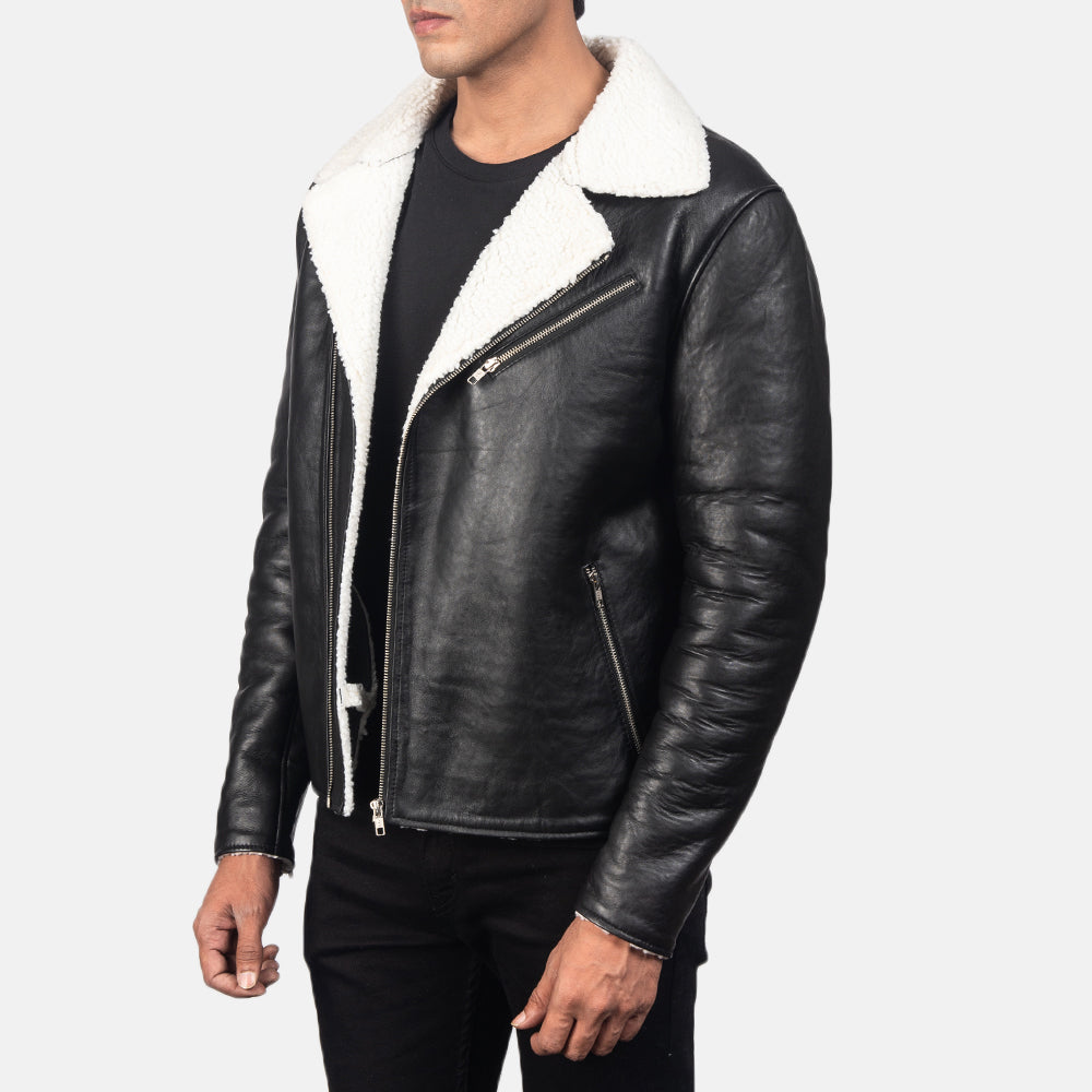 White Shearling Black Leather Jacket For Men's
