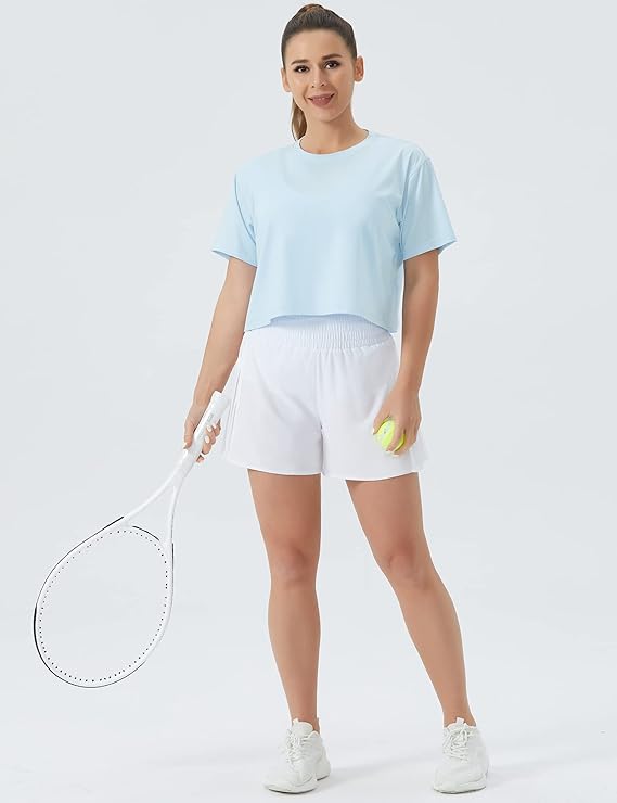 Women's Workout Gym Crop Top T-Shirt Yoga Running Cropped Basic Tee Sky Blue