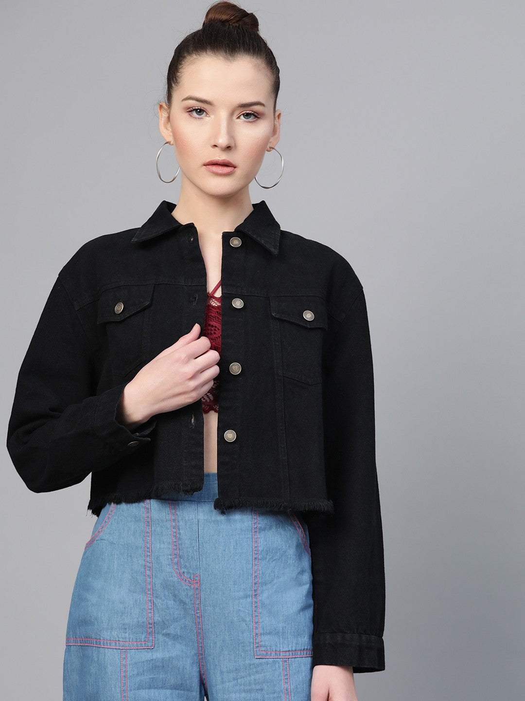 Women Black Solid Fringed Hem Denim Jacket