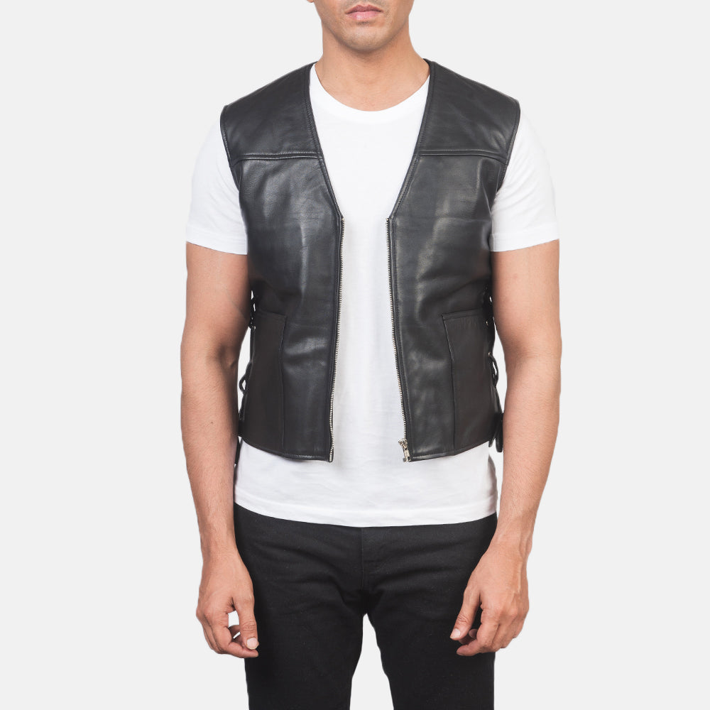 Black Genuine Leather Vest For Men's