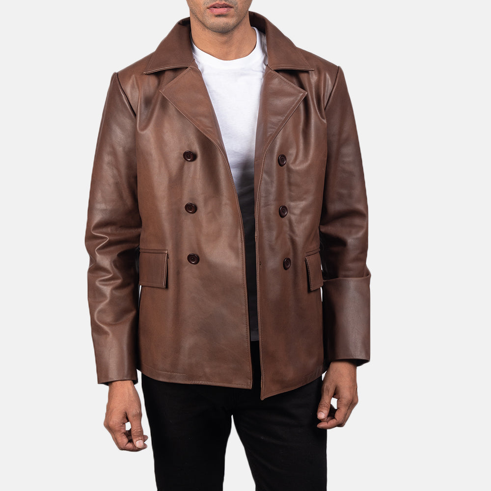 Ace Brown Genuine Leather Naval Peacoat