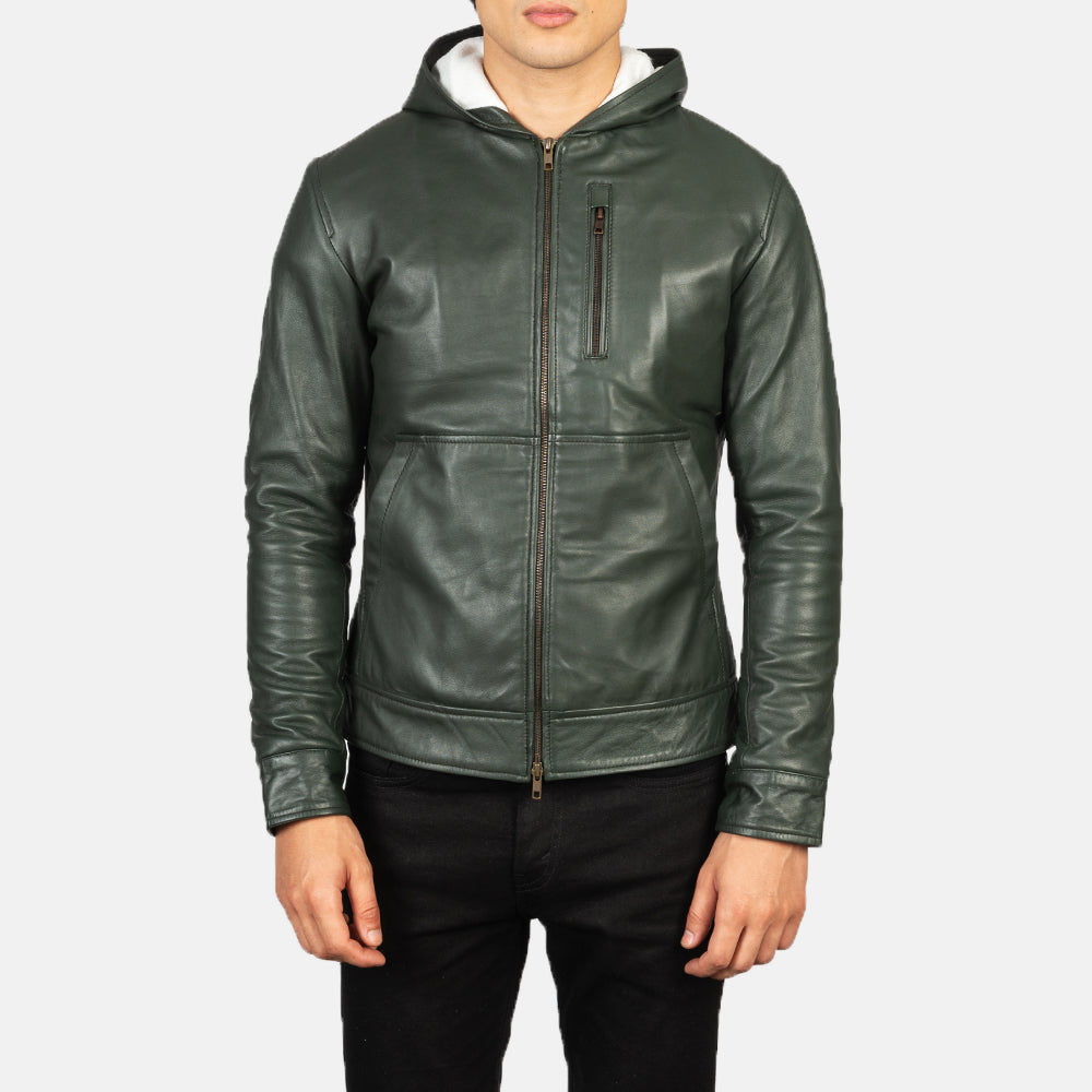 Ace Green Hooded Leather Bomber Jacket