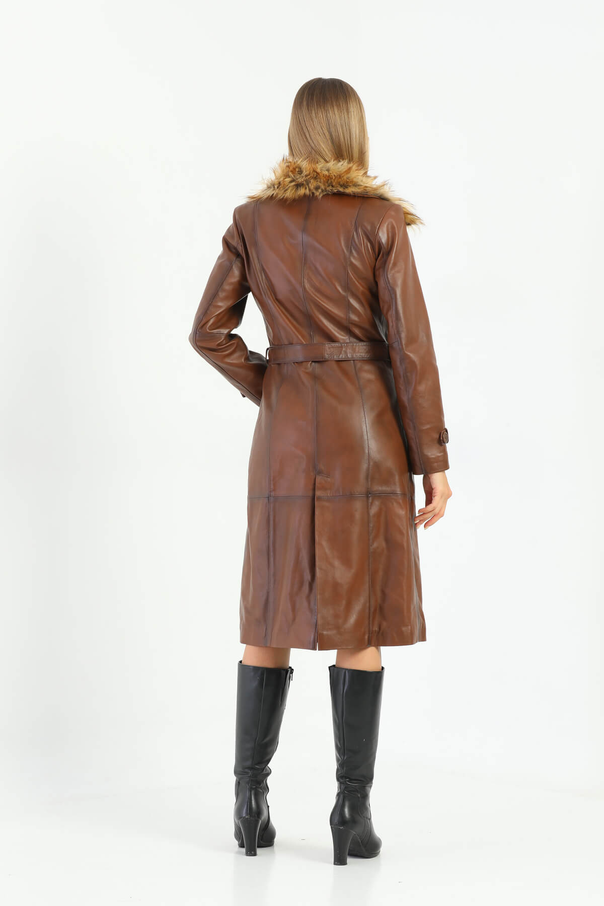 Brenda Brown Leather Trench Coat Fur Collar