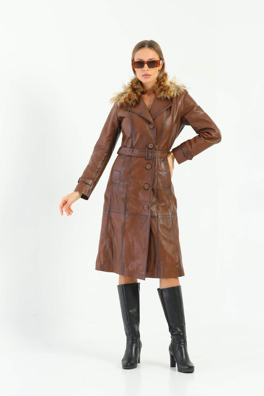 Brenda Brown Leather Trench Coat Fur Collar