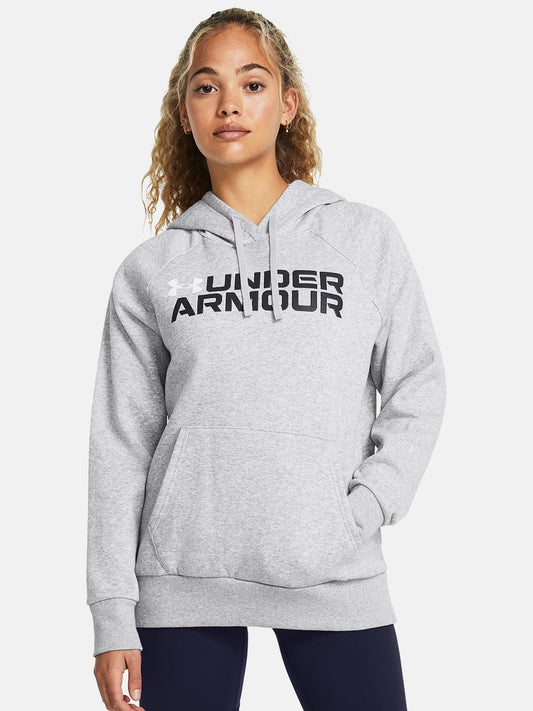 Printed Rival Fleece Wordmark Gray Hoodie — Cozy Fleece Pullover with Wordmark Print & Kangaroo Pocket | DENIMS Pakistan