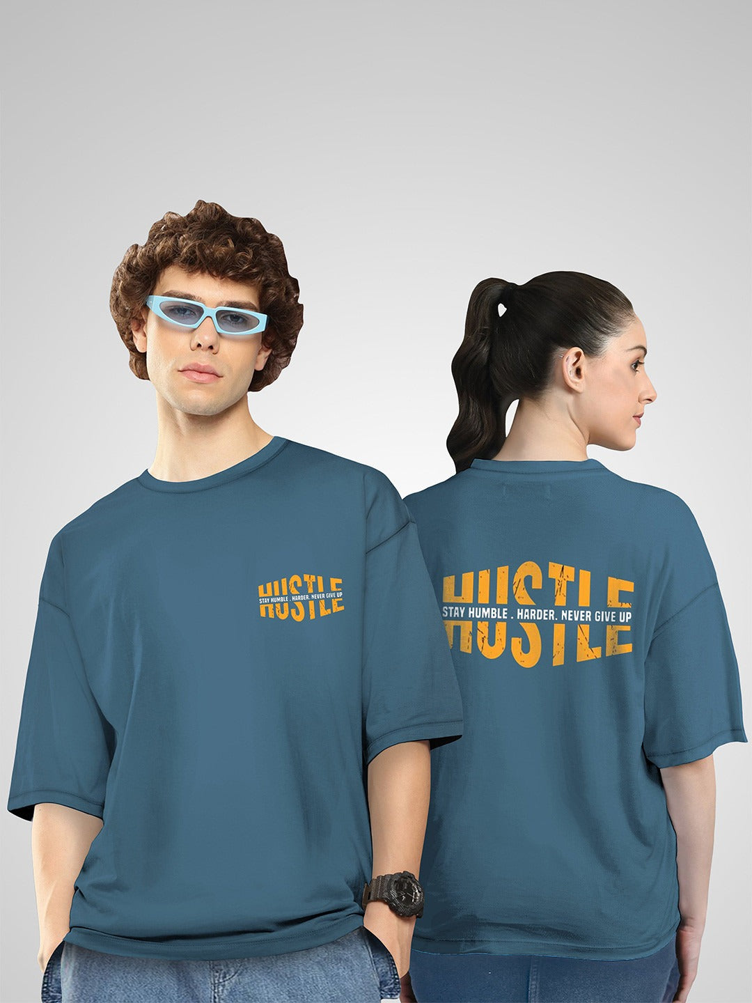 Unisex Pack of 2 HustleH Printed Cotton Oversized T-Shirts – Twinny Zone Graphic Tees for Men & Women in Pakistan | DENIMS