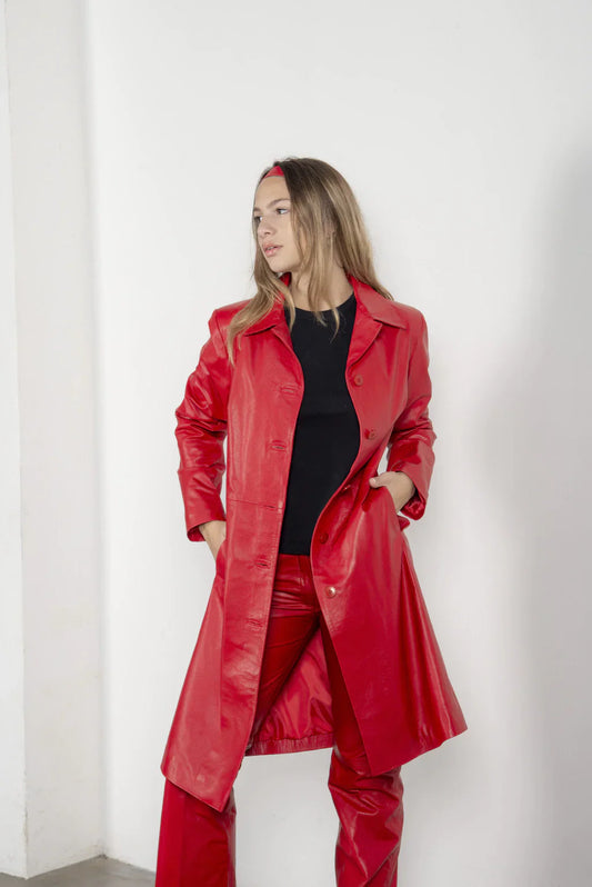 Ace Blood Red Leather Coat For Women's