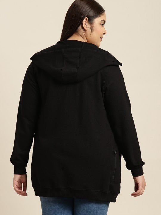 Women Plus Size Black Solid Hooded Zipper | Plus Size Zip Hoodie for Women Pakistan