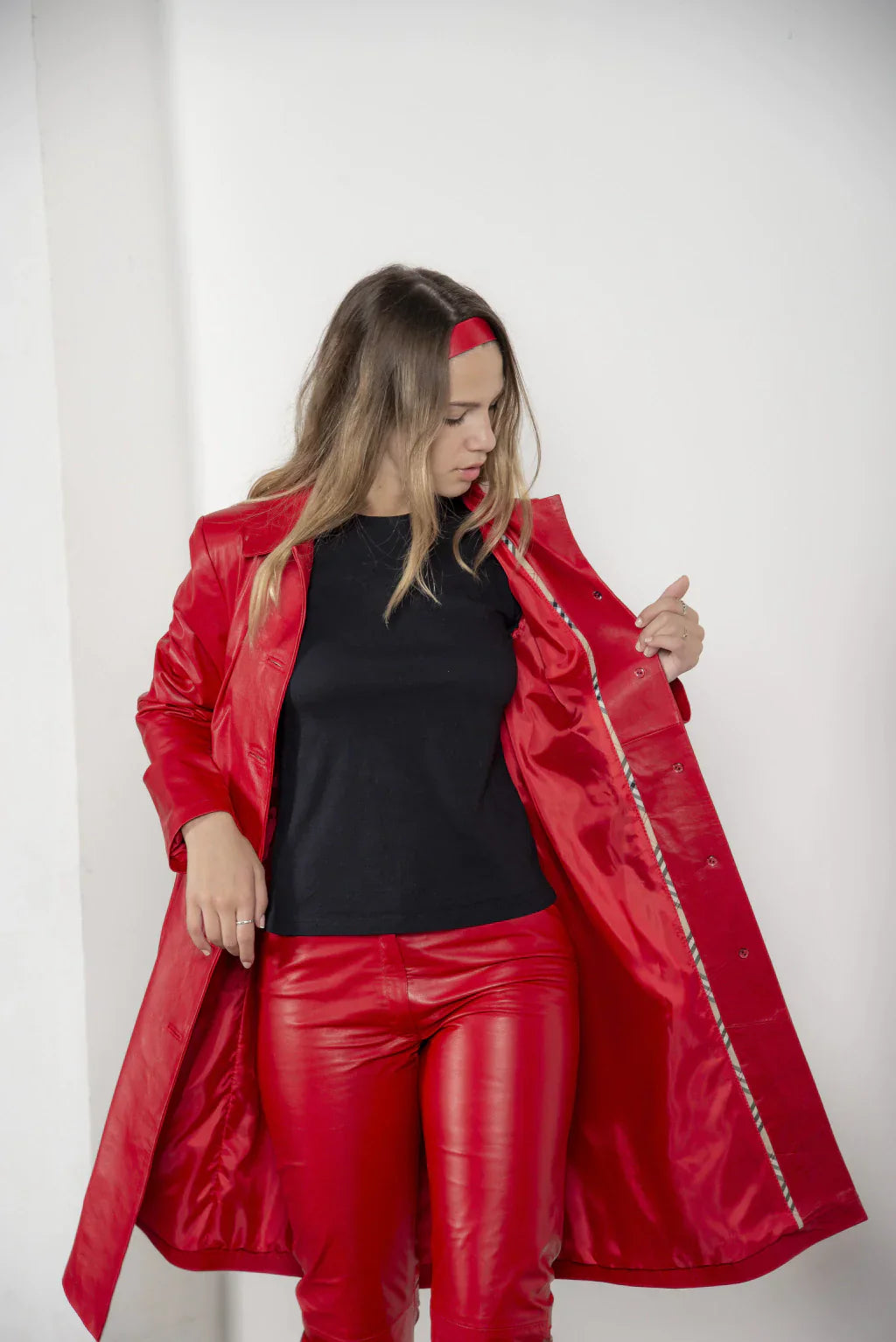 Ace Blood Red Leather Coat For Women's
