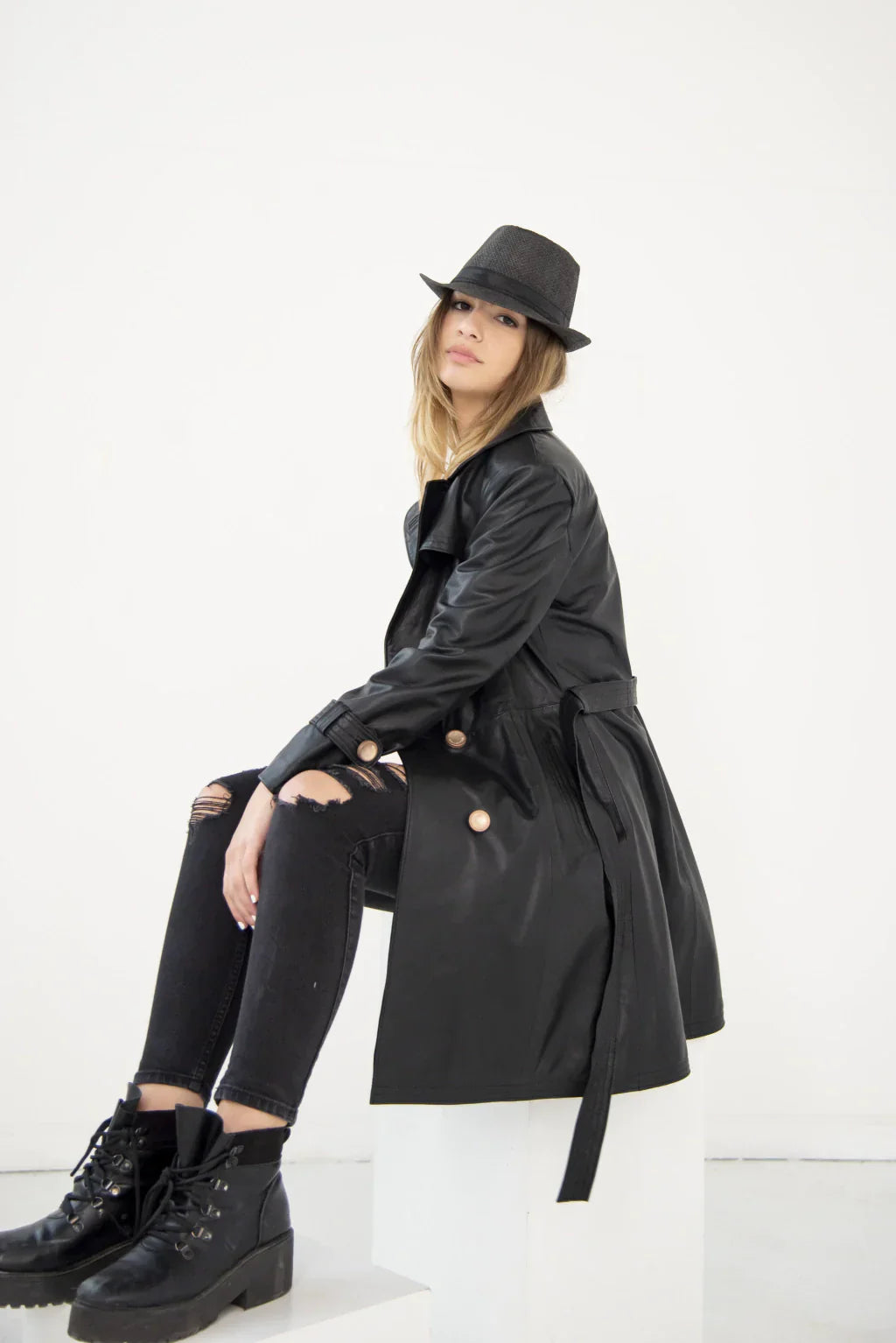 Black Trench Leather Coat For Women